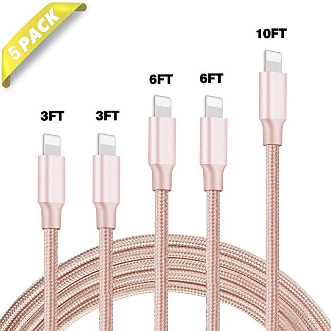 Phone Charger 5Pack 3FT 3FT 6FT 6FT 10FT Nylon Braided USB Charging & Syncing Cable Compatible with Phone 11 Pro Max 11 Pro 11 XS MAX XR X 8 8 Plus 7 7 Plus 6s 6s Plus 6 6 Plus and More