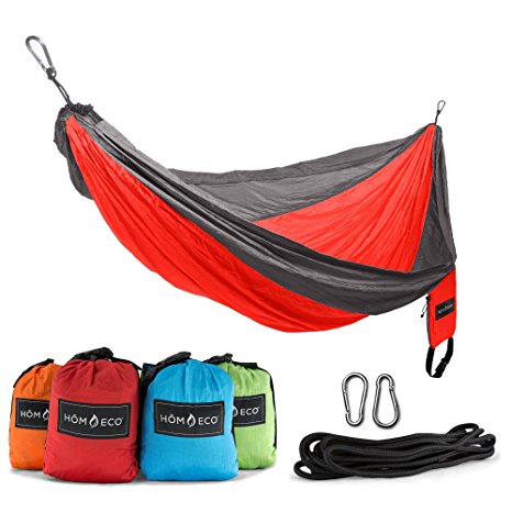 HomEco Camping Hammock – Single & Double Nylon Parachute Fabric Hammocks – Lightweight Portable Travel Swing for Fishing Backpacking Hiking & Festivals