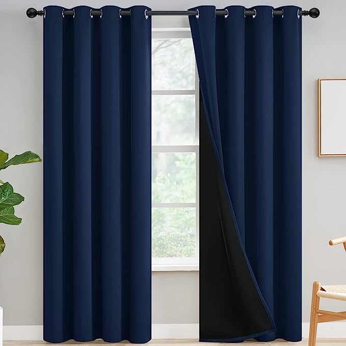 Yakamok Navy Blue Curtains 100% Blackout Curtains for Living Room - Grommet Thermal Insulated Full Room Darkening Block Out Curtains with Black Liner for Bedroom, Set of 2 Panels, W52 x L84 Inch