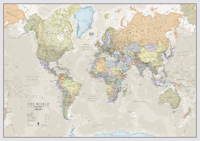 World Map Classic Style - Front Sheet Lamination - Cartographic Detail - A0 46.8 (w) x 33.1 (h) inches