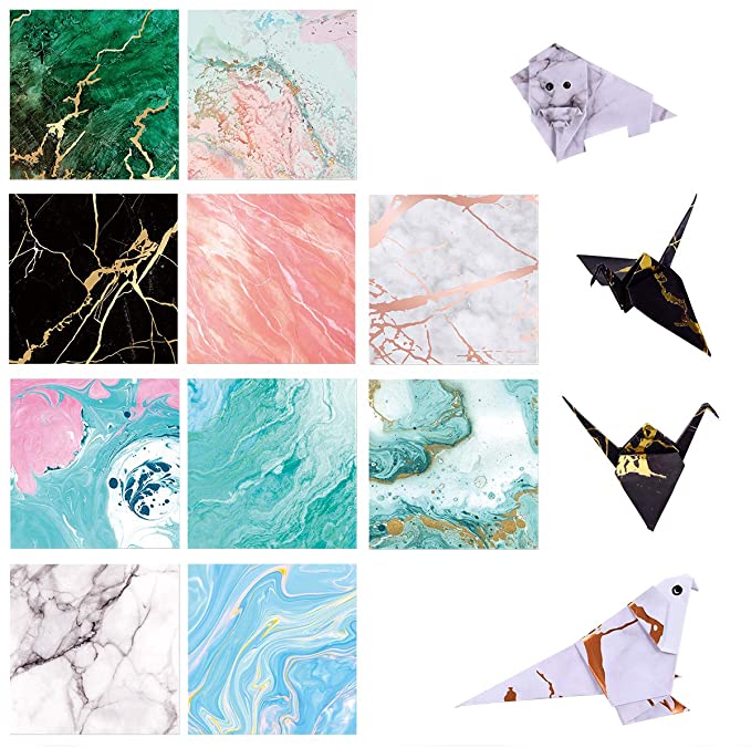 Paperkiddo 100 Sheets Origami Paper Craft Folding Paper 10 Different Marble Pattern Bronzing Curve Premium Quality for Arts and Crafts 6"x6"