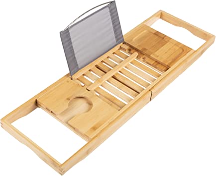 Lavish Home Bamboo Bath Caddy-Natural Wood Bathtub Tray with Extending Sides, Secure Cupholders and Water-Proof Book,phone holder