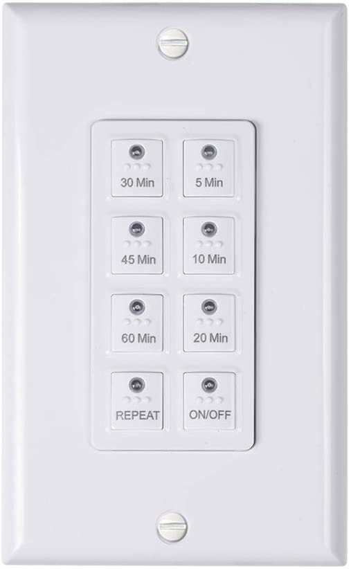 BN-LINK Countdown Digital In-wall Timer Switch 5-10-20-30-45-60mins, For bathroom fan,In-wall light timer, Neutral Required, Free Plate, White