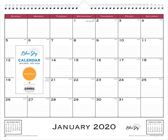 Blue Sky 2020 Monthly Wall Calendar, Twin-Wire Binding, 15" x 12", Classic Red