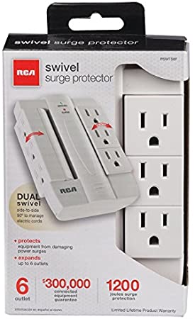 RCA PSWTS6F Wall Tap Surge Protector with 6 Swivel Outlets,White