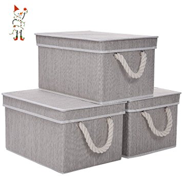 Storage Box with Lid, Strong Foldable Basket Organizer Bin With Cotton Rope Handle By StorageWorks, Gray, Bamboo Style, Jumbo, 3-Pack