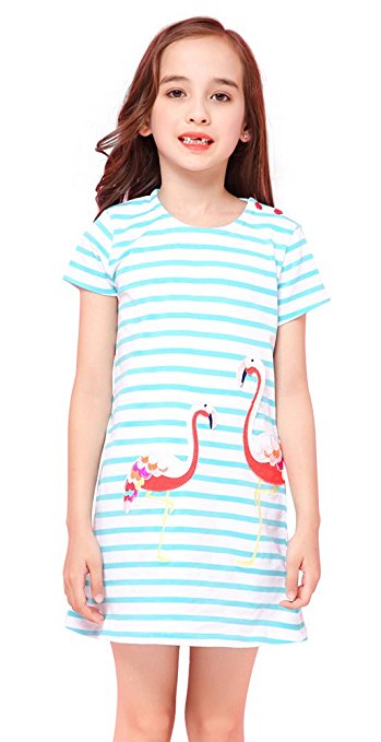 Fiream Girls Summer Cotton Striped Casual Cartoon Shortsleeve Dresses