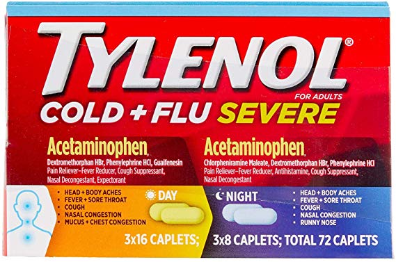 Tylenol Cold & Flu Severe Day & Night Caplets, Pack of 72