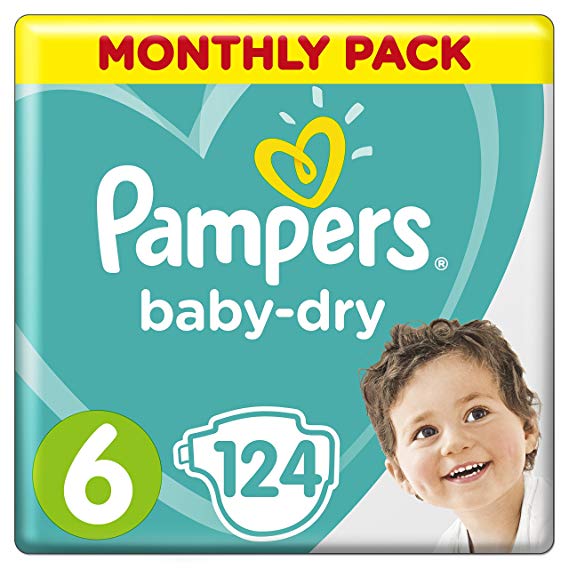 Pampers Baby-Dry Size 6, 124 Nappies, 13-18 kg, Air Channels for Breathable Dryness Overnight, Monthly Pack