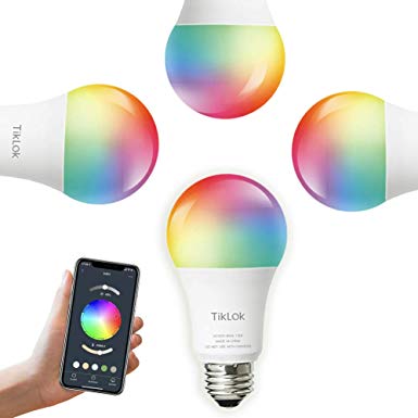 Smart WiFi LED Light Bulbs Compatible with Alexa Google Home, Siri and Echo(No Hub Required), TIKLOK RGBCW Multi-Color, Warm to Cool White Dimmable 7.5W E26 A19 Color Changing Bulb(4 Pack)