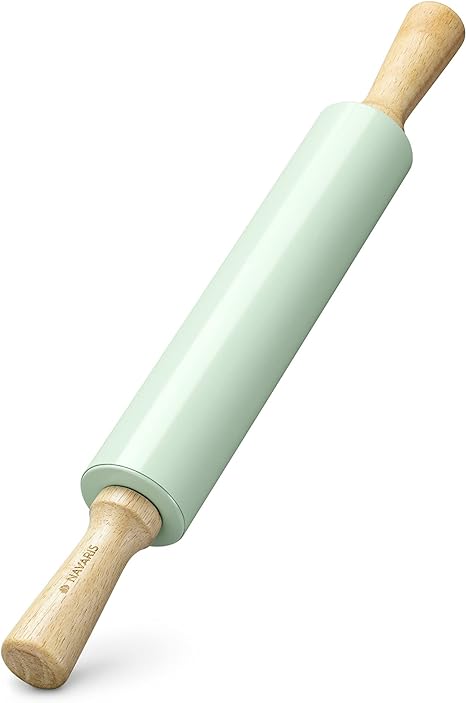 Navaris Stainless Steel Rolling Pin - 17" Non Stick Metal Roller with Wood Handles for Baking, Cooking, Cookies, Biscuits, Pizzas, Dough, Pastry