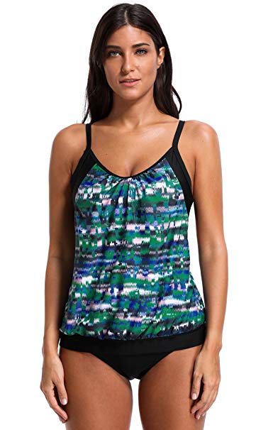 ATTRACO Women's Stripes Print Tankini Swimsuits Modest 2 Piece Swimwear Set