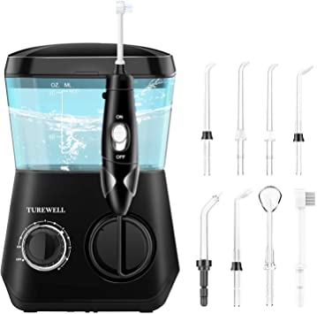 Water Flosser, TUREWELL Dental Oral Irrigator10 Adjustable Pressure Settings Electric Dental Countertop Oral Irrigator For Teeth, 8 Replaceable Jet Tips for Whole Families 600ml(Black)