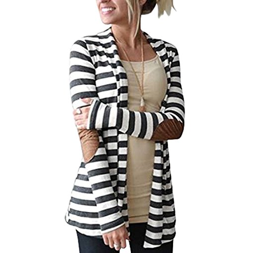 Women's Shawl Collar Striped Cardigan Long Sleeve Elbow Patch Open Front Sweater top