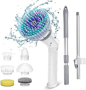 Qimedo Handheld Spin Scrubber with Extended Long Handle, Rechargeable Electric Scrubber for Cleaning, Cordless Power Dish Scrubber with 6 Brushes for Bathtub Grout Tile Floor