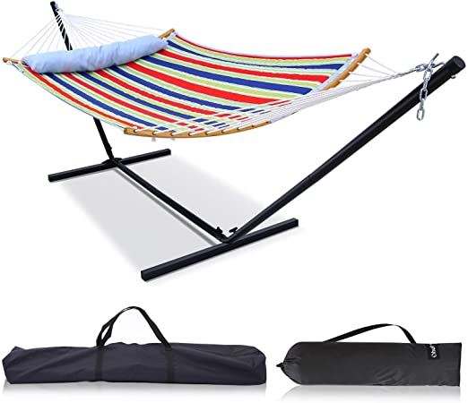 Ohuhu Double Hammock with 12.8 FT Hammock Stand, 55" x 75" Quilted Fabric Hammock Swing with Strong Curved-Bar Bamboo & Pillow, Stable Detachable Metal Stand, Bonus 2 Carrying Bag, Red & Blue Stripe