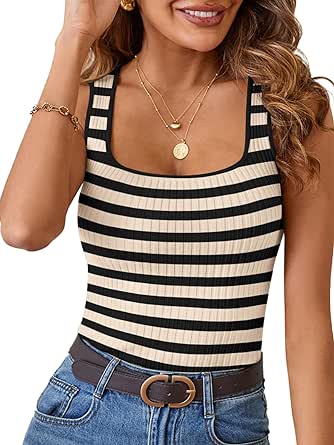 MEROKEETY Women's Sleeveless Ribbed Tank Tops Striped Knit Square Neck Shirts Summer Casual Basic Tanks