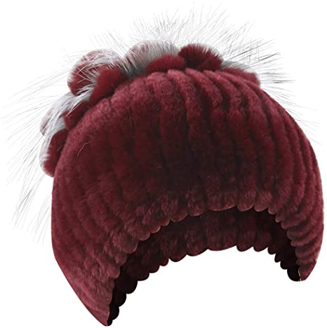 ECYC Winter Women Fur Hat Natural Rex Rabbit Fox Fur Cap Female Fur Headwear Elastic Knited Hat Warm Beanies Caps