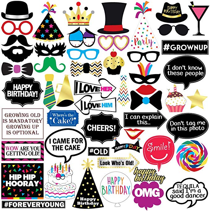 Sterling James Co. Funny Birthday Photo Booth Props - 47 Pieces - 21st - 30th - 40th - 50th - 60th - 70th - 80th - 90th - Birthday Party Supplies, Decorations and Favors