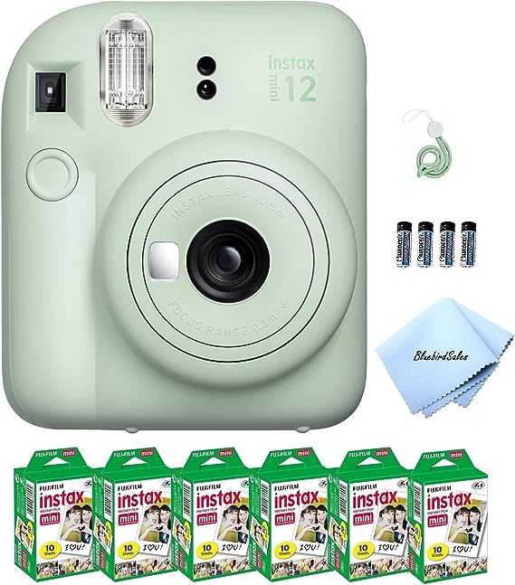 Fujifilm Mini 12 Instant Camera Starter Bundle: Includes Mini Film Value Pack (60 Sheets)   4 Pack AA Batteries   Lens Cleaning Cloth (Mint Green)