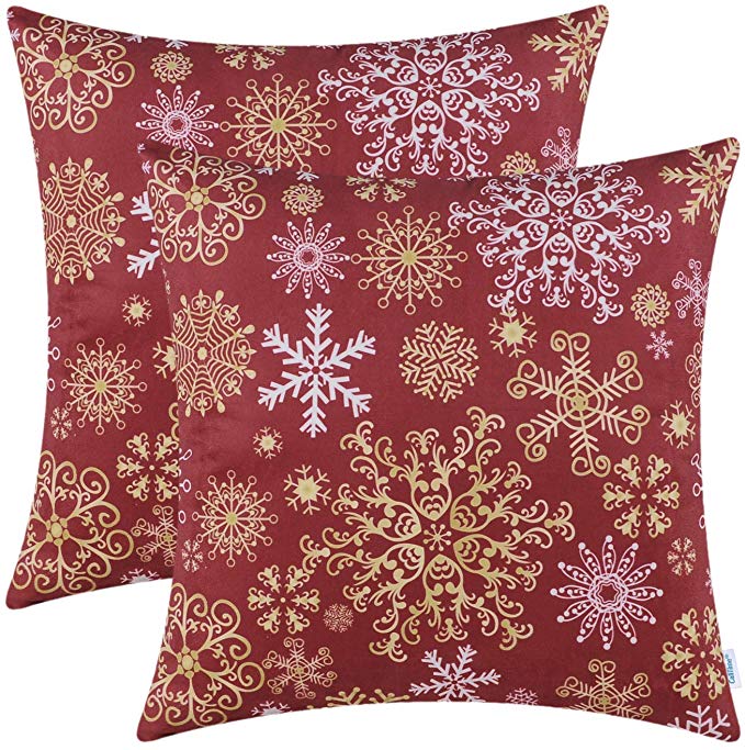 CaliTime Pack of 2 Cozy Fleece Throw Pillow Cases Covers for Couch Bed Sofa Christmas Snowflakes Both Sides 16 X 16 Inches Christmas Red
