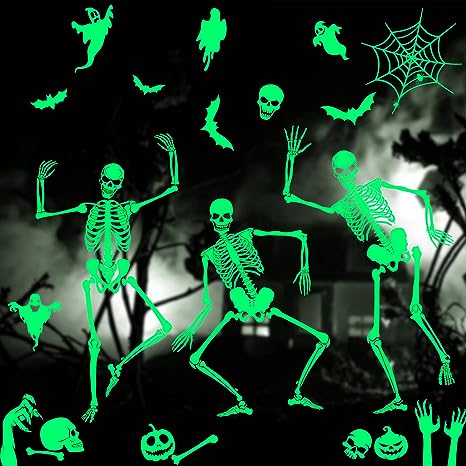 6 Sheets Halloween Glow in The Dark Wall Stickers Luminous Skeleton Stickers Window Clings Halloween Window Stickers Skeleton Wall Decals for Party Halloween Haunted House