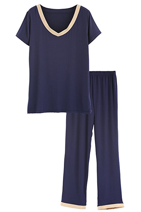 Latuza Women's Bamboo V-neck Sleepwear Short Sleeves Top with Pants Pajama Set
