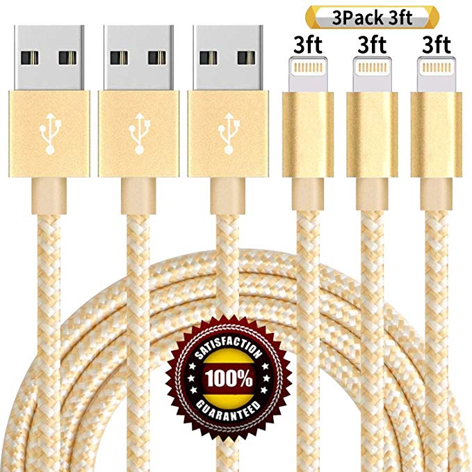 BULESK Phone Cable 3Pack 3FT Nylon Braided Phone Charger Cord Compatible with Phone Xs/XS Max/XR/X/Phone 8 8 Plus 7 7 Plus 6s 6s Plus 6 6 Plus Pad Pod Nano - Gold