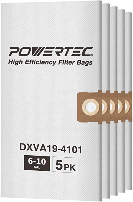 POWERTEC 75063V 5 Pack Filter Bags For DXVA19-4101, Fits DeWalt 6-10 Gal Dust Extractors, DXV06P, DXV09P, DXV10P, DXV10S, DXV10SA, DXV10SB