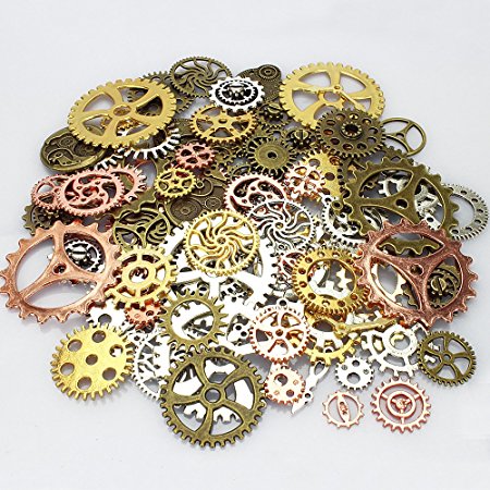 LolliBeads 190 Gram Antiqued Metal Skeleton Steampunk Watch Gear Cog Wheel Sets, Silver/Copper/Bronze/Gold Mixed Color (100 Pcs)