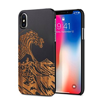 iPhone X Case, Real Bamboo and PC Hybrid Protective Cellphone Case Cover, Handmade Carving Pattern Case Cover with Open Top and Bottom Design for Apple iPhone 10 (Waves)