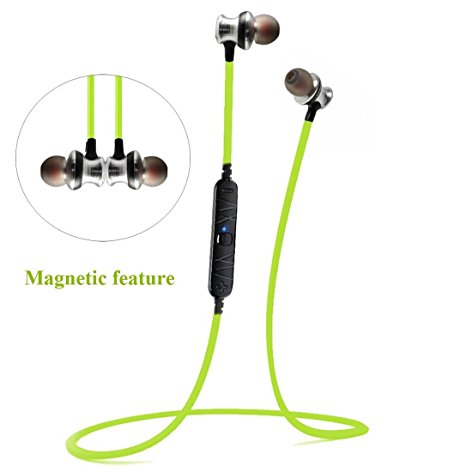 Bluetooth Headphones, V4.0 Wireless Bluetooth Stereo Heasdset Magnet Earbuds bluetooth In-Ear Earphones Sweatproof Noise Reduction Headphones with Mic for iPhone, iPad, Android Phones-Green