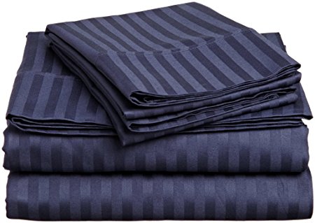 Mattress Homes 300-Thread-Count Egyptian Cotton (15" Extra Depth Pocket) 4-Pieces Sheet Set-(Navy Blue Striped,Full-XL)