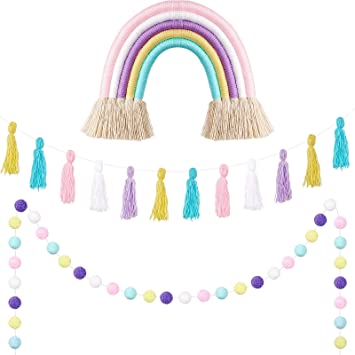 3 Pieces Pastel Rainbow Wall Hanging Banner Pastel Tassel Garland Pom Pom Ball Banner for Home Decoration Wedding Birthday Baby Shower Party Supplies, Pre-Assembled