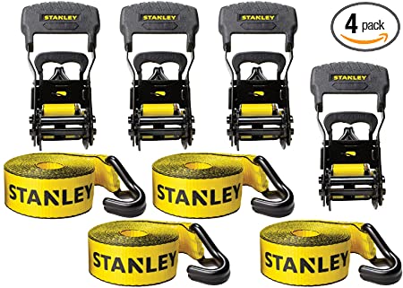 Stanley S10074 Black/Yellow 1.5" x 16' Ratchet Tie Down Straps - Heavy Cargo Hauling (3,300 lbs Break Strength), 4 Pack