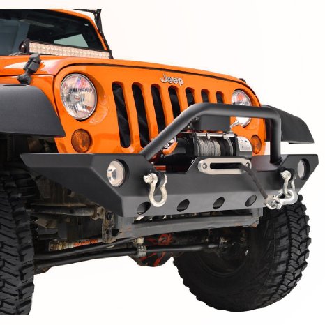 Restyling Factory 07-16 Jeep Wrangler JK Black Textured Front Bumper With Fog Lights Hole & 2x D-Ring & Winch Plate (black)