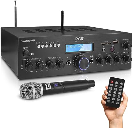 Pyle Wireless Microphone Power Amplifier System - 200W Dual Channel Sound Audio Stereo Karaoke Speaker Receiver w/USB, AUX, Microphone in w/Echo, Radio,Home Theater via RCA, Studio Use PDA8BUWM.5