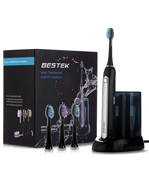 BESTEK Sonic Electric Toothbrush, Rechargeable Toothbrush with UV Sanitizer, 4 Brush Heads with Tongue Brush, IPX7 Waterproof, Black,(RLT234)