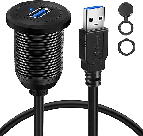 BATIGE Alloy Single Port USB 3.0 Dashboard Port Car Mount Flush Cable, Male to Female Waterproof Extension Cable for Car Truck Boat Motorcycle with LED Indicator - 3ft