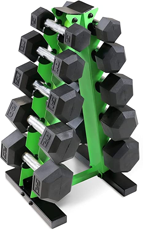 WF Athletic Supply 5-25Lb Rubber Coated Hex Dumbbell Set with A Frame Storage Rack Non-Slip Hex Shape for Muscle Toning, Strength Building & Weight Loss - Multiple Choices Available