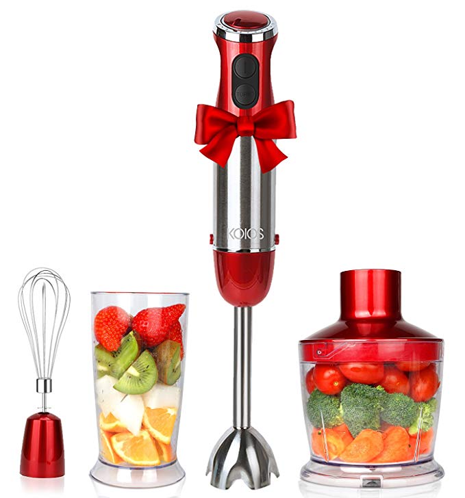 KOIOS Powerful 500 Watt Hand Blender Setting 6-12 Variable Speeds,4-in-1 Immersion Blender Includes Food Processor, BPA-Free Beaker and Stainless Steel Egg Whisk - Rose Red