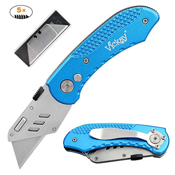Folding Utility Knife Heavy Duty Box Cutter with 5 SK5 Quick Change Blades, Safety Lock-Back Design, Lightweight Aluminum Body Belt Clip for Office, Home(Blue)