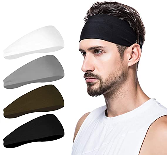 poshei Mens Headband (4 Pack), Mens Sweatband & Sports Headband for Running, Cycling, Yoga, Basketball - Stretchy Moisture Wicking Unisex Hairband