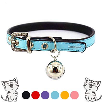 Luniquz Leather Cat Collars with Bell Polished Durable Metal Buckle Soft and Adjustable for Girls Kitty, Puppy, Small Dogs Fit 7"-9" /Blue