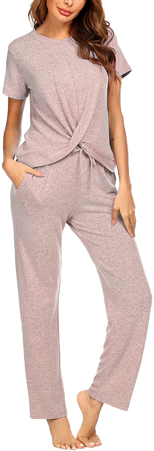 ACEVOG Pajamas Lounge Sets for Women Long Sleeve/Short Sleeve Long Pants Twist Knotted Sleepwear Pjs Set XS-XXL