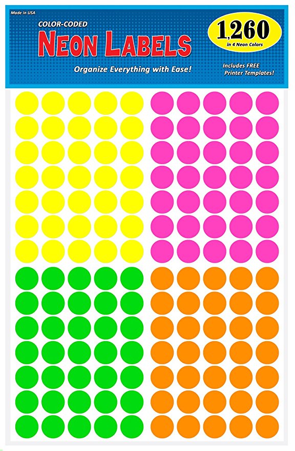 Pack of 1260 3/4" Round Color Coding Circle Dot Labels, Bright Neon Multicolored: Yellow, Pink, Green, Orange, 8 1/2" x 11" Sheet, Fits Any Printer…