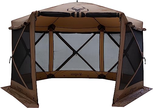 Gazelle Tents™, G6 Deluxe 6-Sided Portable Gazebo, Easy Pop-Up Hub Screen Tent, Waterproof, UV Resistant, Attached Wind Panels, 8-Person & Table, Badlands Brown, 86" x 124" x 124", GG610BR