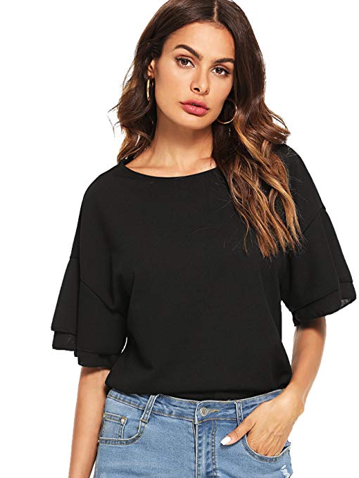 Romwe Women's Casual Drop Shoulder Layered Short Sleeve Blouse Top Shirt