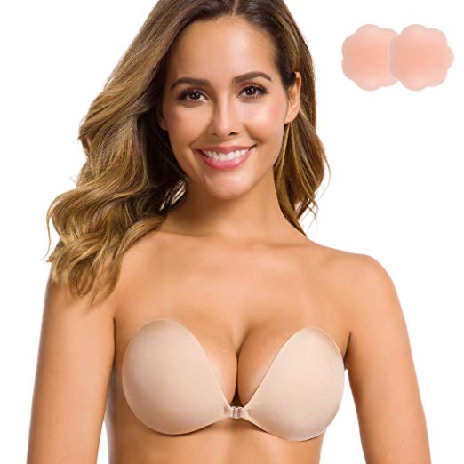 Niidor Adhesive Bra Strapless Sticky Invisible Push up Silicone Bra for Backless Dress with Nipple Covers Nude