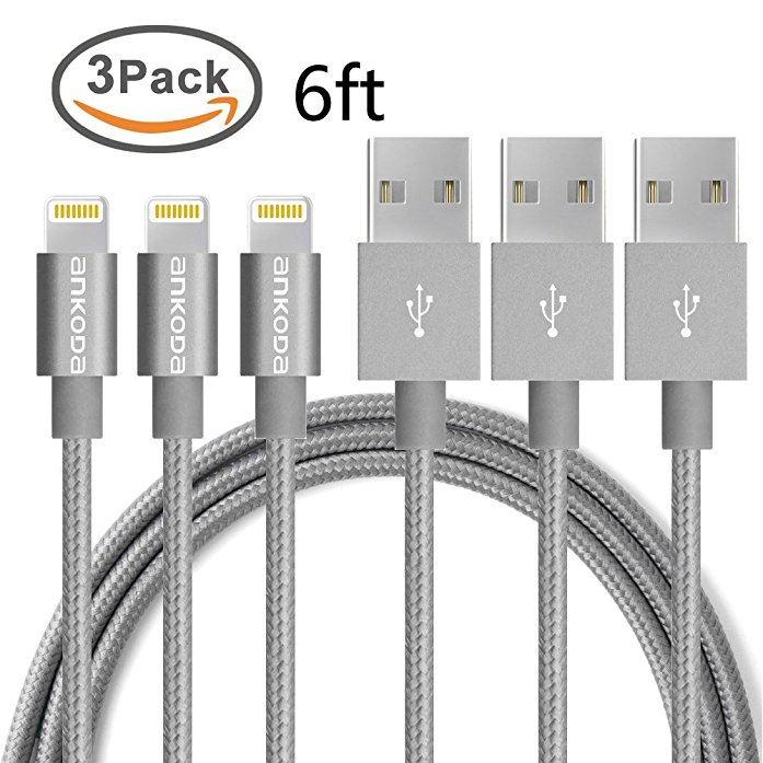 Ankoda® 3Pack 6.5ft/2M Nylon Braided Lightning to USB Cable, Lightning Data Sync & Charge USB Cable for iPhone SE 6S 6S Plus 6 6Plus 5S 5C 5, iPad Air Air 2 mini2 mini3 4th, iPod Nano, iPad Pro and More (Grey)